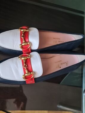 Leather Two-Tone Loafers with Gold Bit Detail - Red, White, Navy